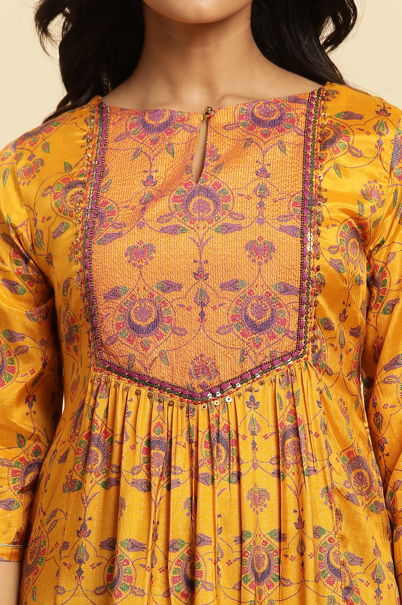 Yellow Floral Printed Sequined Shantung Straight Kurta - Image 6
