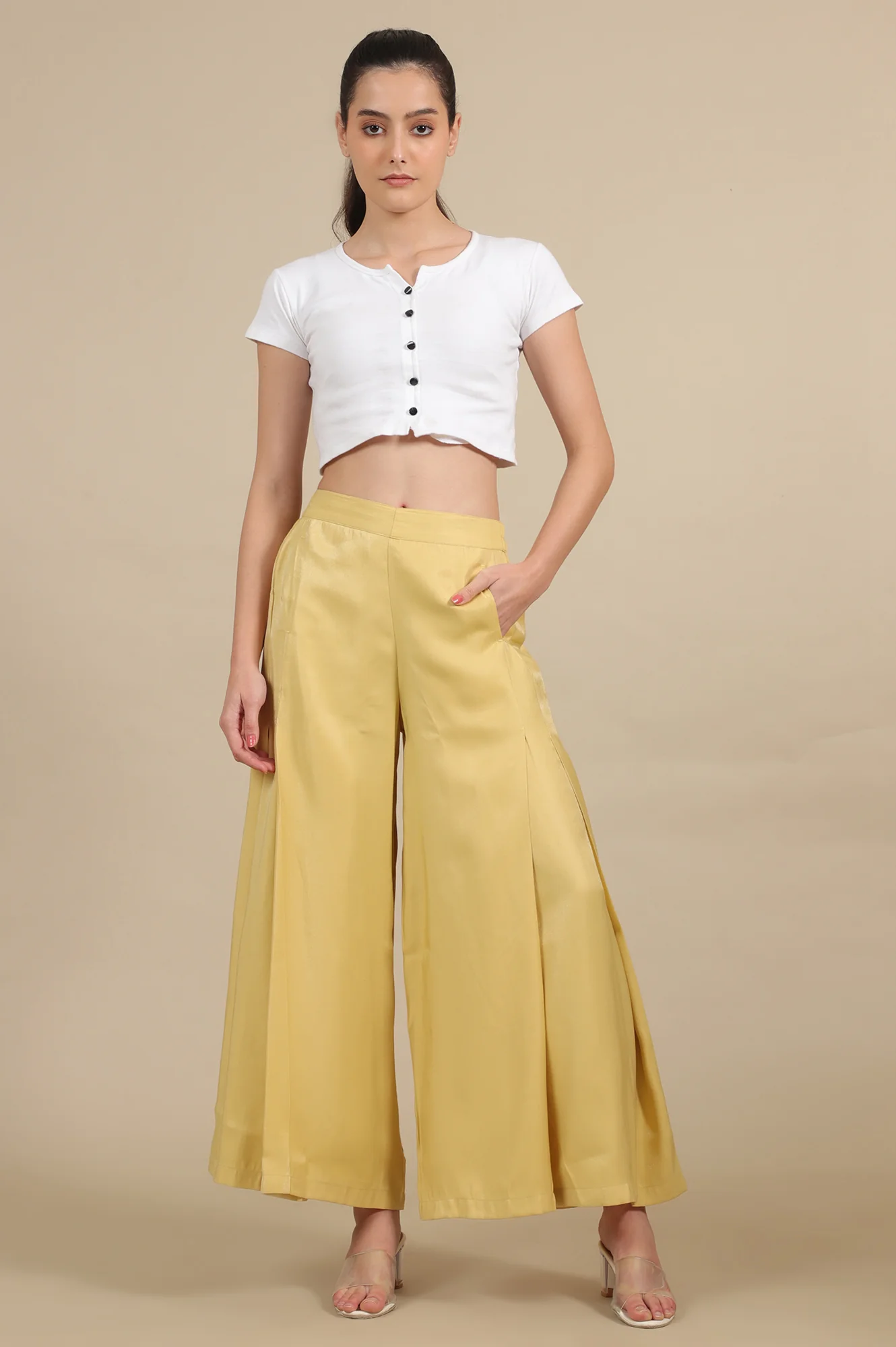 Elleven Women's Yellow Solid Flared Rayon Palazzo With Pleats - Image 5