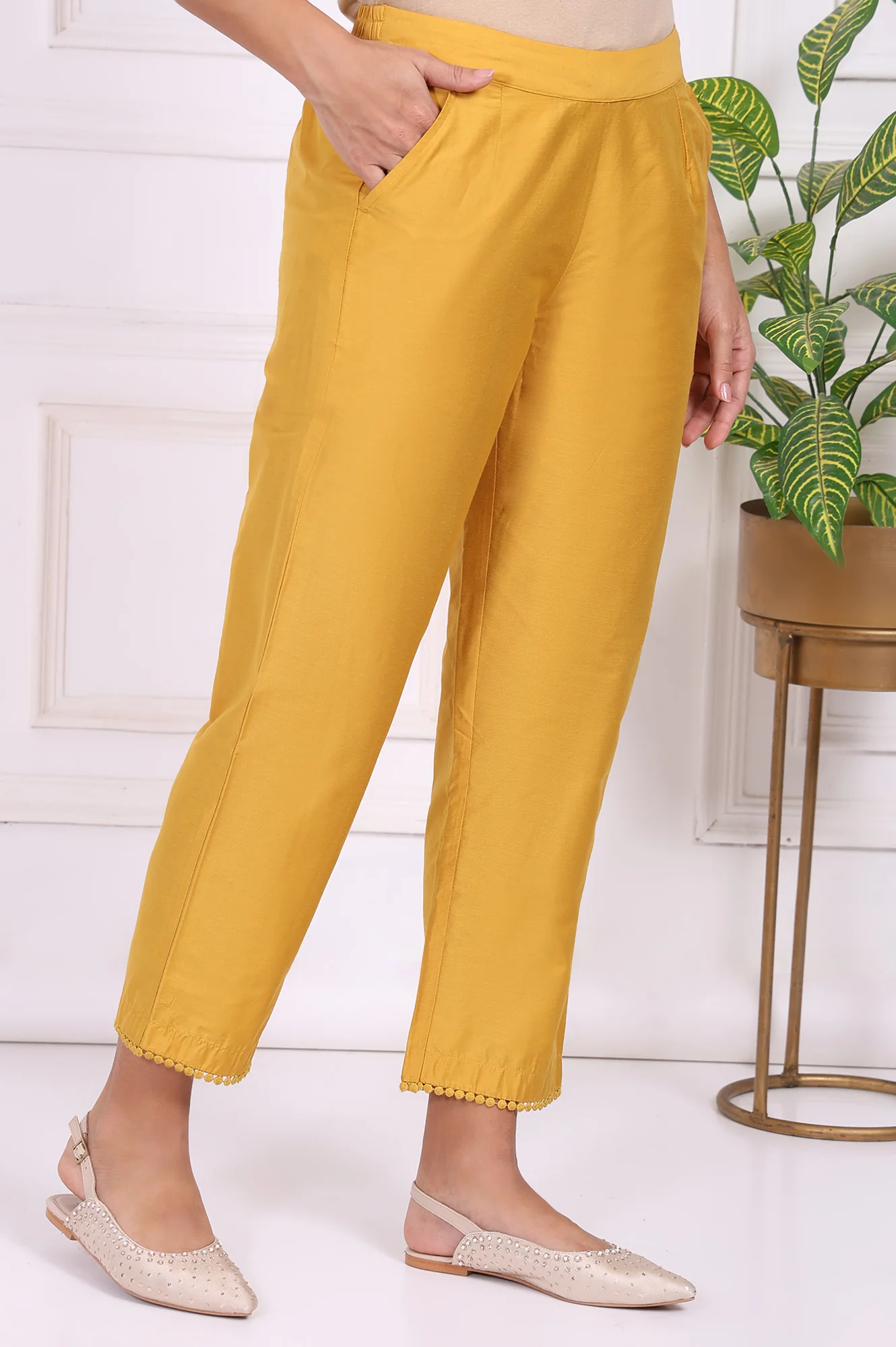 Yellow Solid Ankle Length Straight Pants - Image 3
