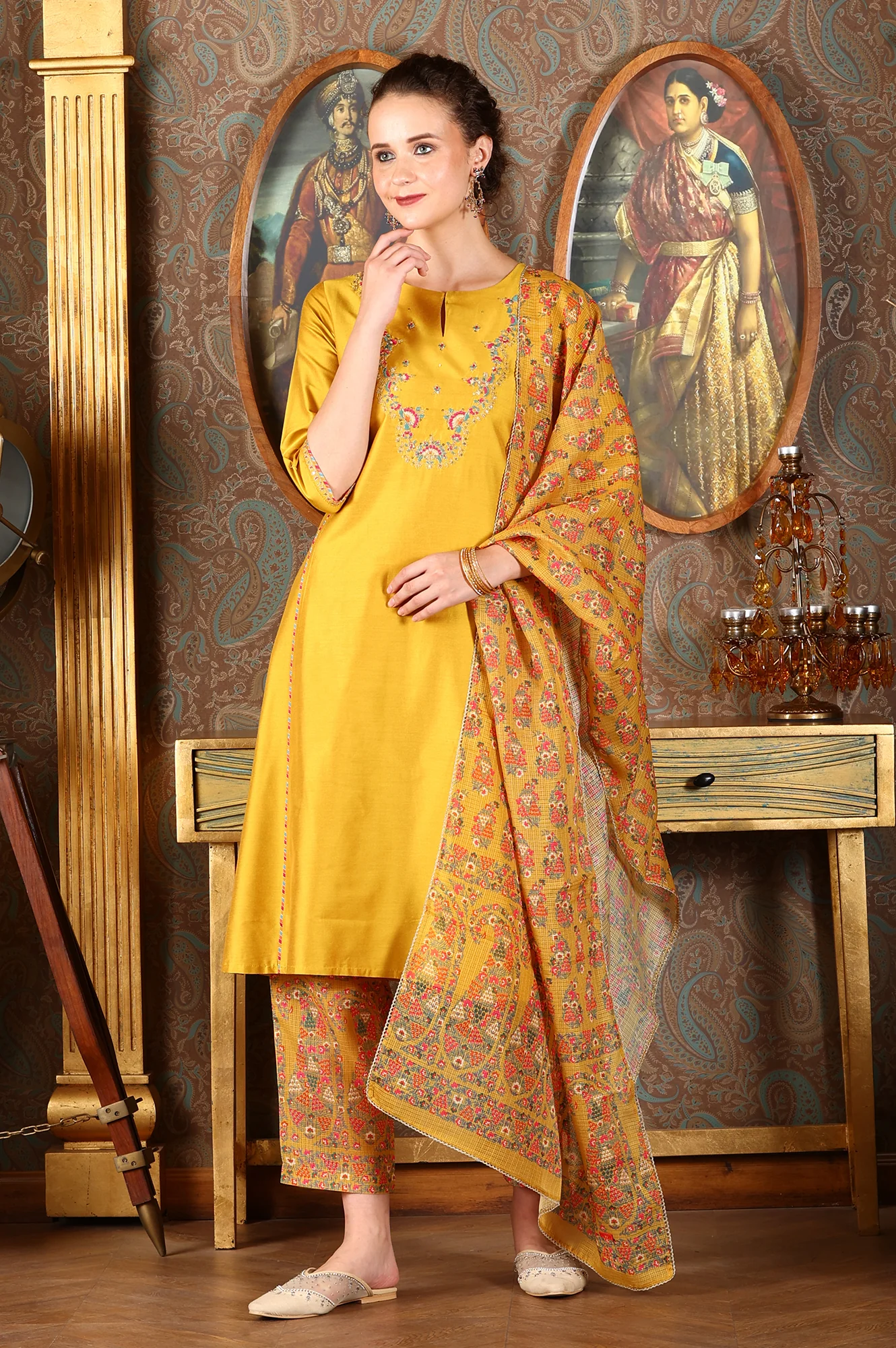 Yellow Solid Embroidered Yoke Kurta, Pants And Printed Kota Dupatta Set - Image 2