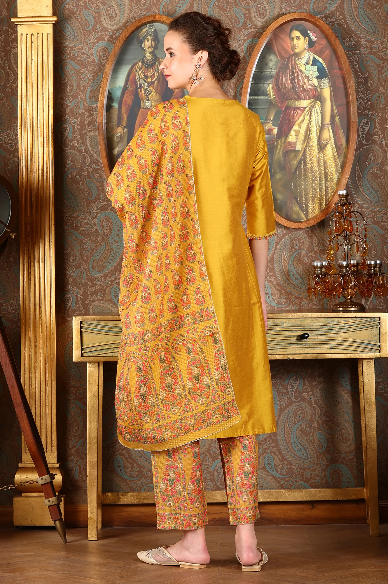 Yellow Solid Embroidered Yoke Kurta, Pants And Printed Kota Dupatta Set - Image 5