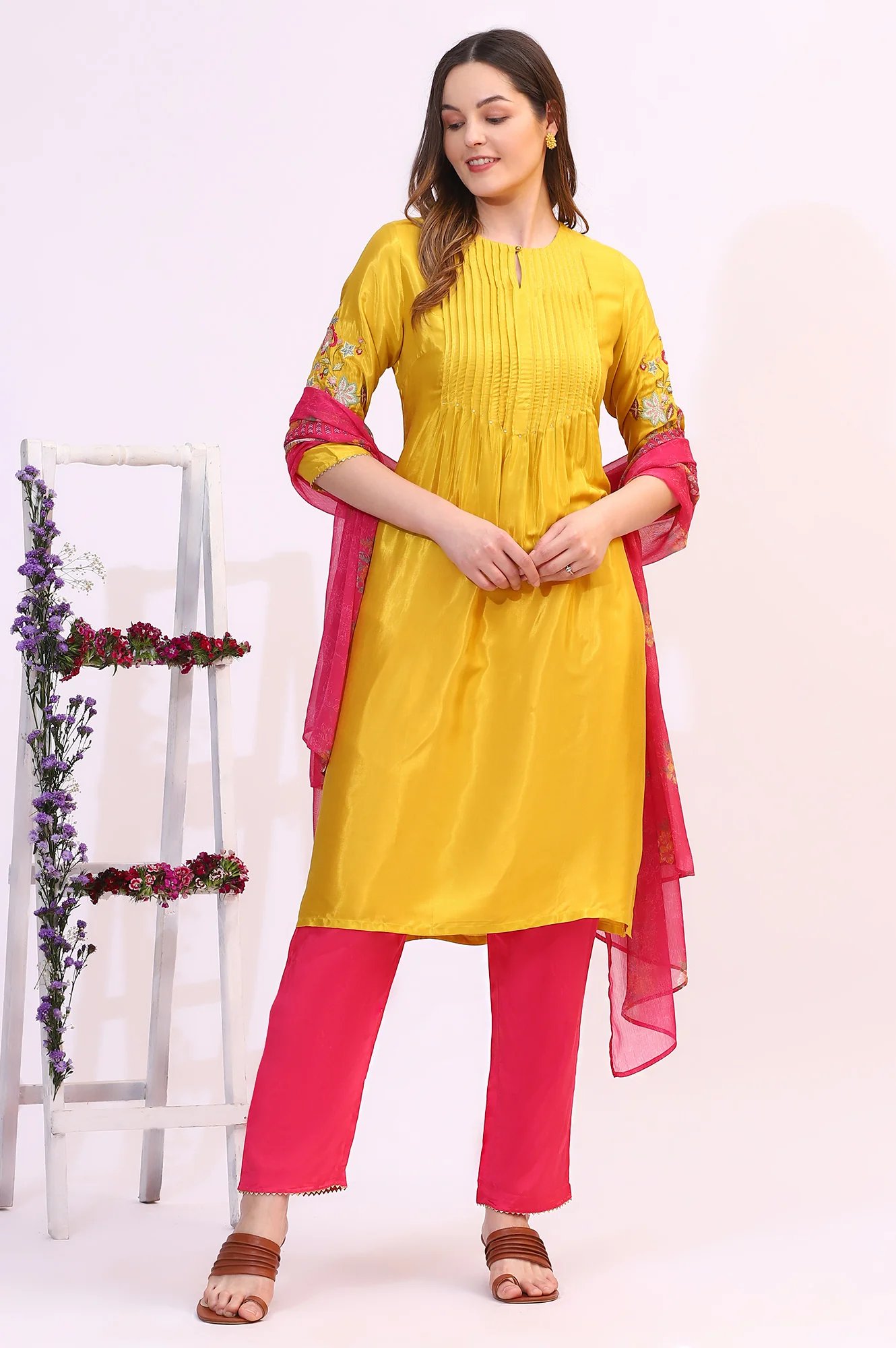 Yellow Embroidered Shantung Kurta, Pants and Dupatta Set - Image 2