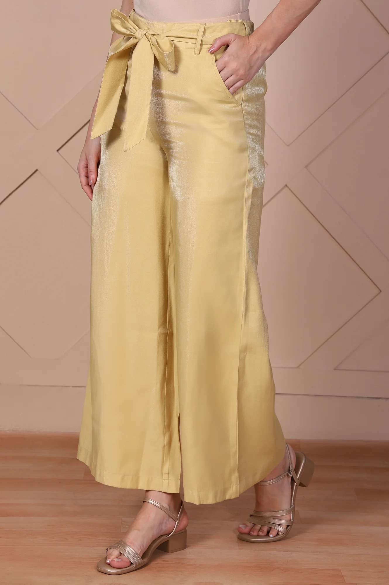 Elleven Women's Yellow Solid High Rise Floor Length Relaxed Fit Pants - Image 2