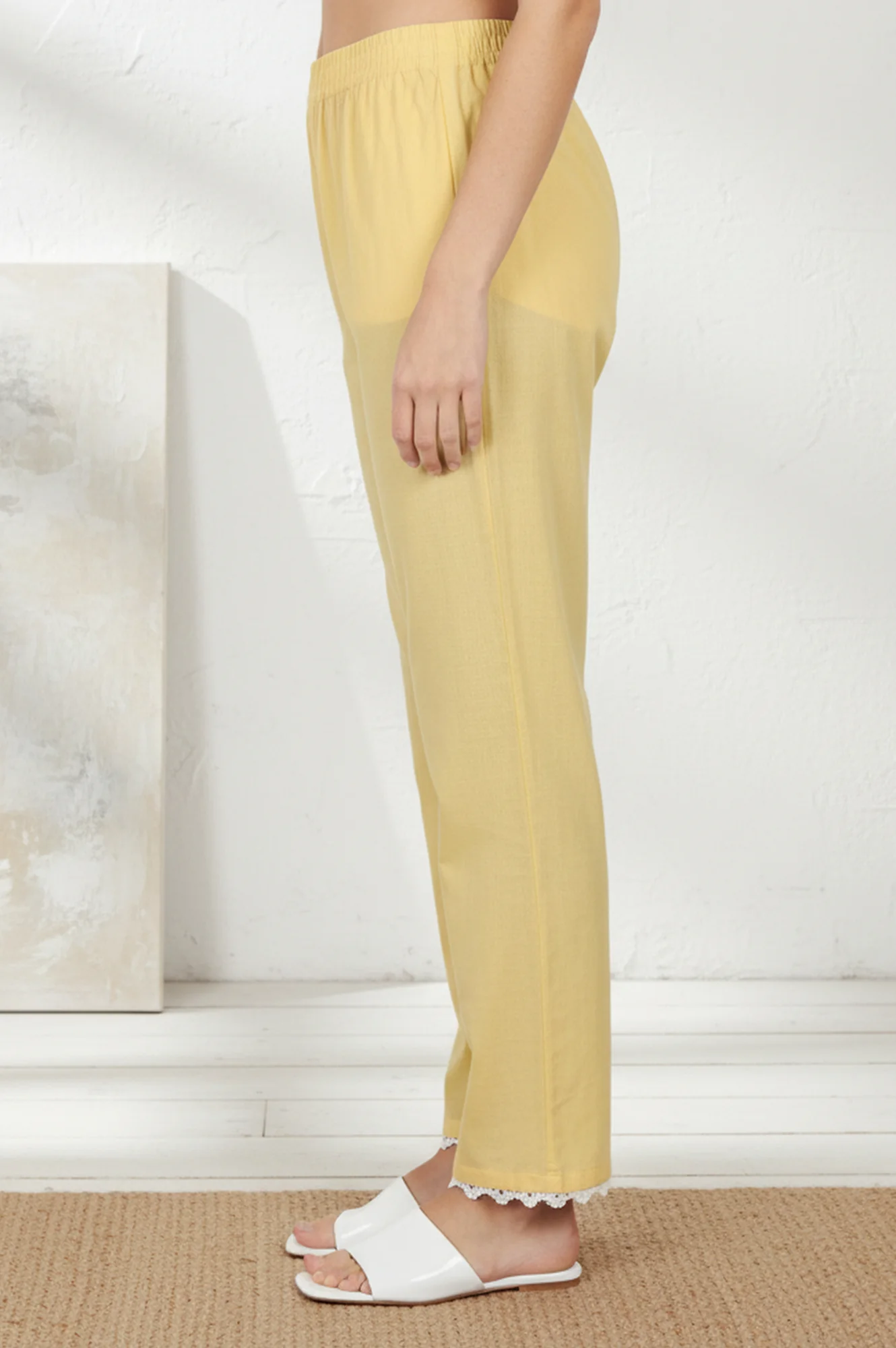 Yellow Solid Pure Cotton Ankle Length Mid Rise Straight Pants - Image 2