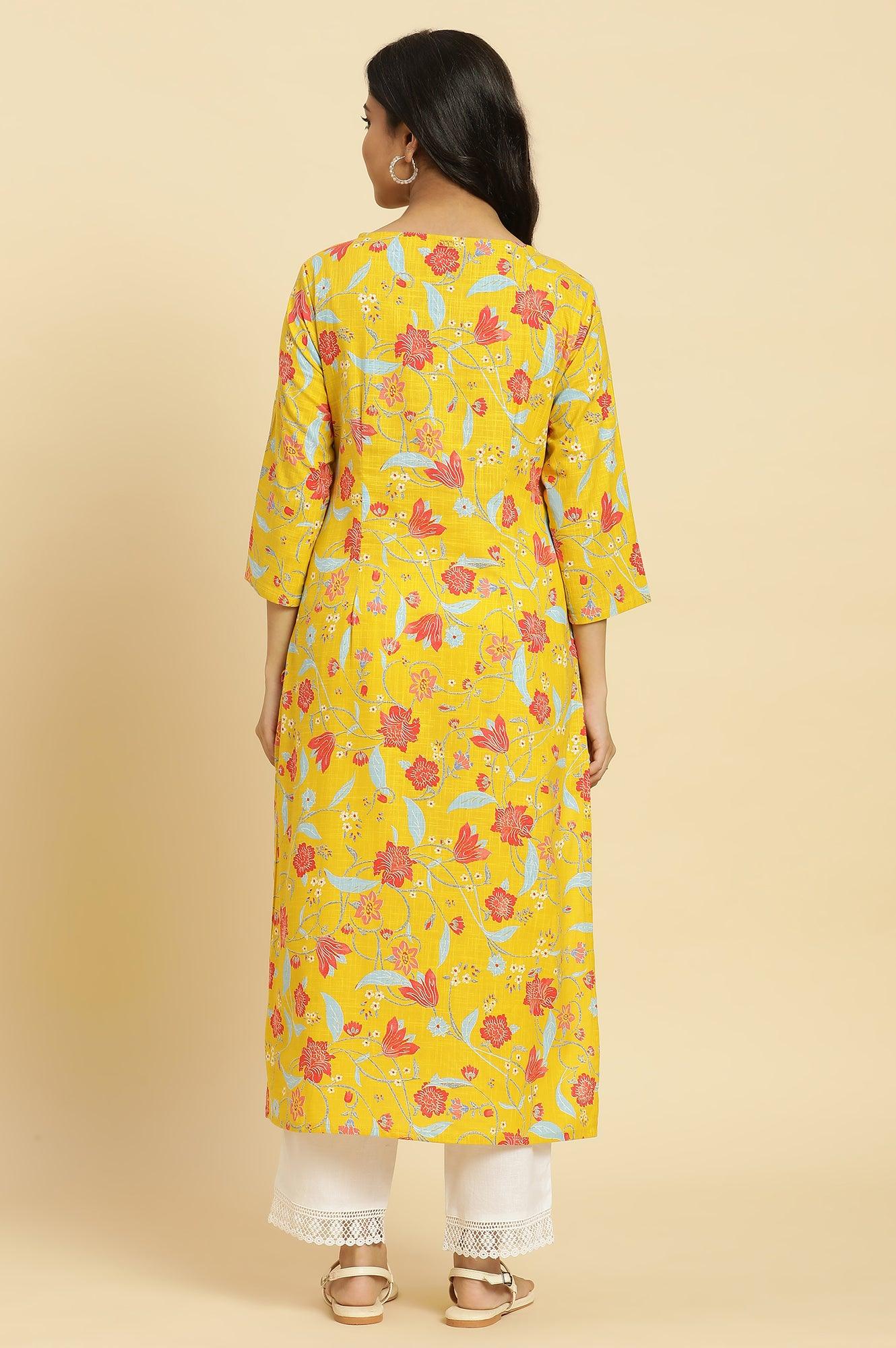 Yellow Straight Kurta With Multi-Coloured Floral Print - Image 4