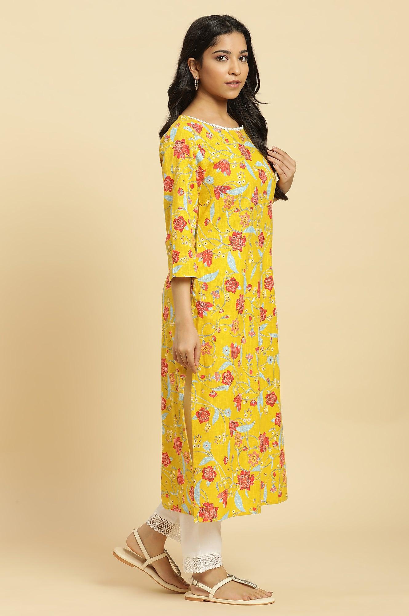 Yellow Straight Kurta With Multi-Coloured Floral Print - Image 5