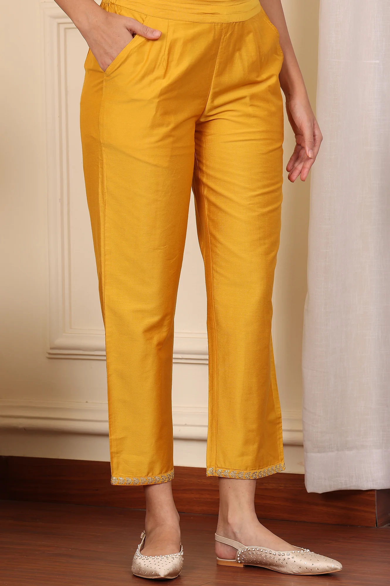 Yellow Straight Pants With Embroidered Hemline - Image 2