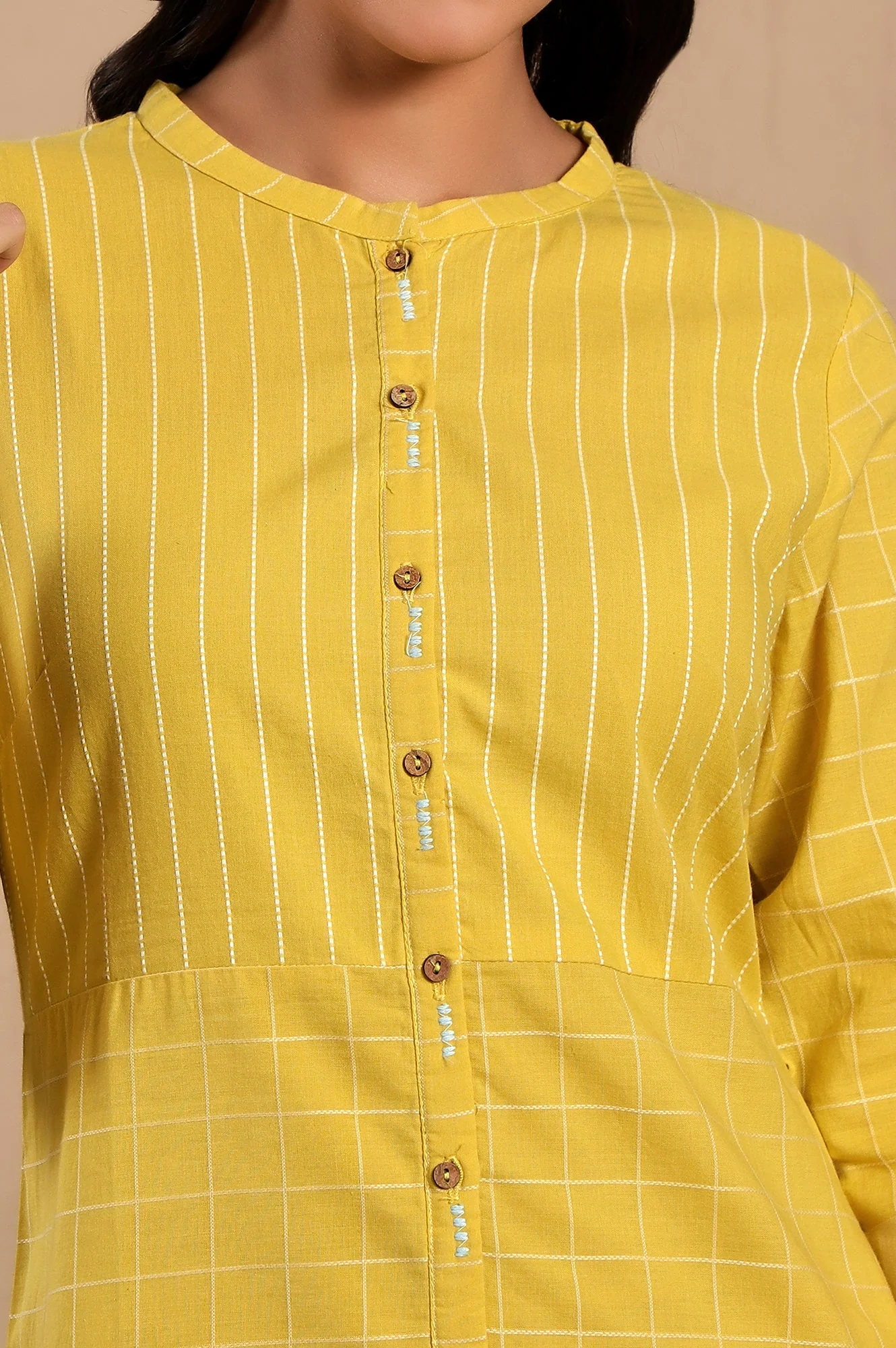 Yellow Stripe Printed Pure Cotton Mandarin Collar Straight Kurta - Image 2
