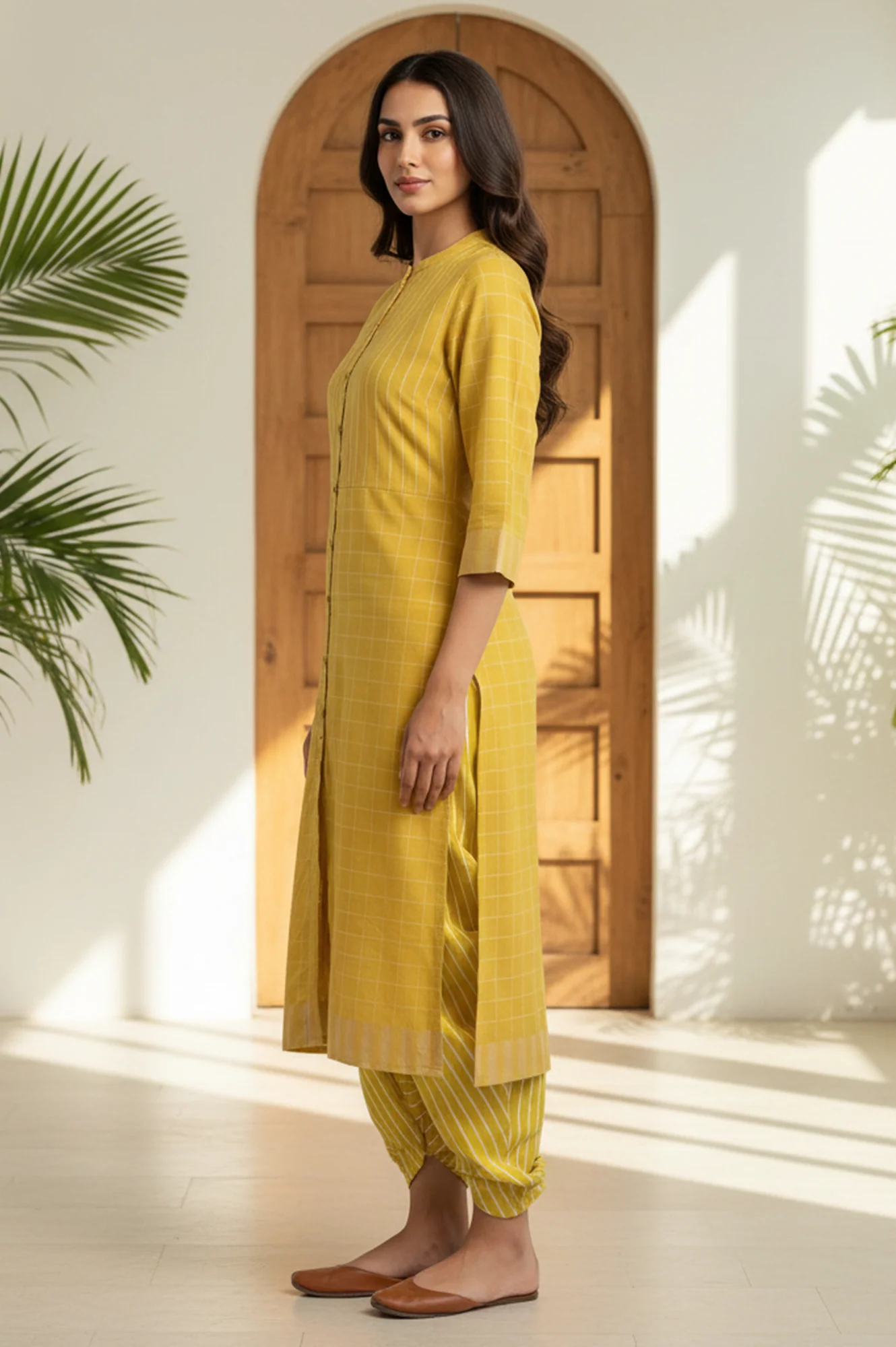 Yellow Stripe Printed Pure Cotton Mandarin Collar Straight Kurta - Image 3