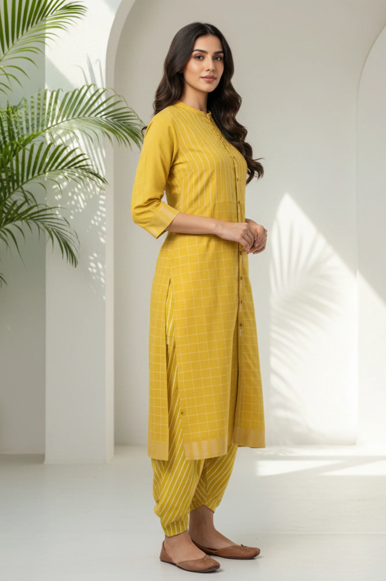 Yellow Stripe Printed Pure Cotton Mandarin Collar Straight Kurta - Image 5