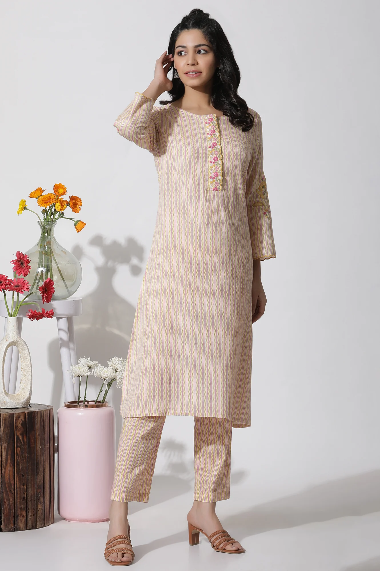 Yellow Striped Embroidered Kurta - Image 2