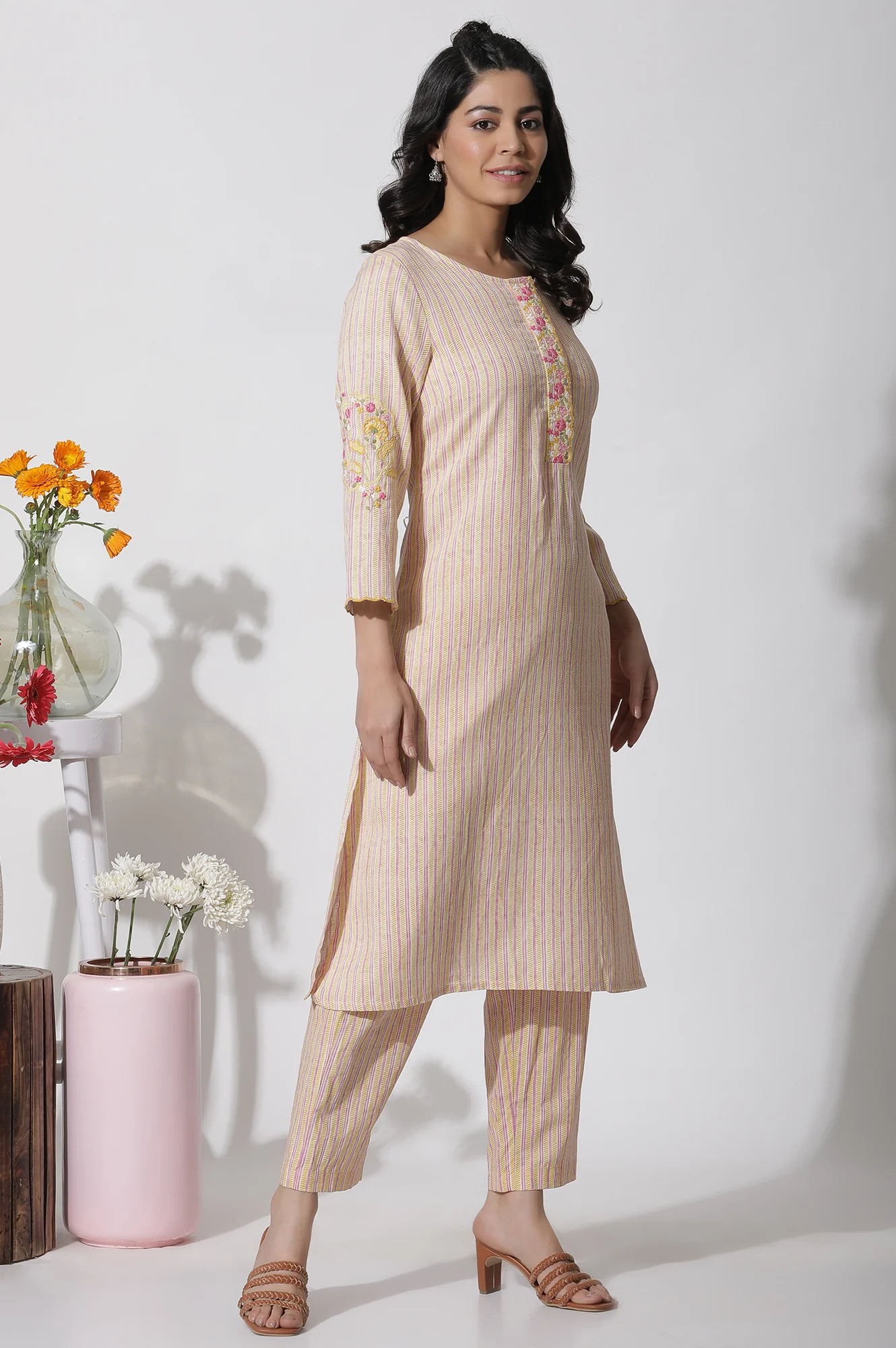 Yellow Striped Embroidered Kurta - Image 3