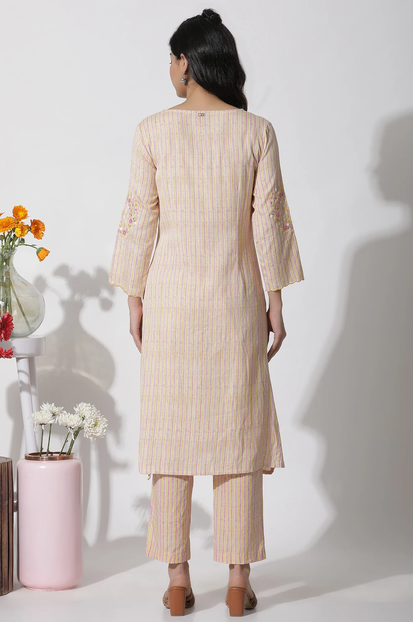 Yellow Striped Embroidered Kurta - Image 4