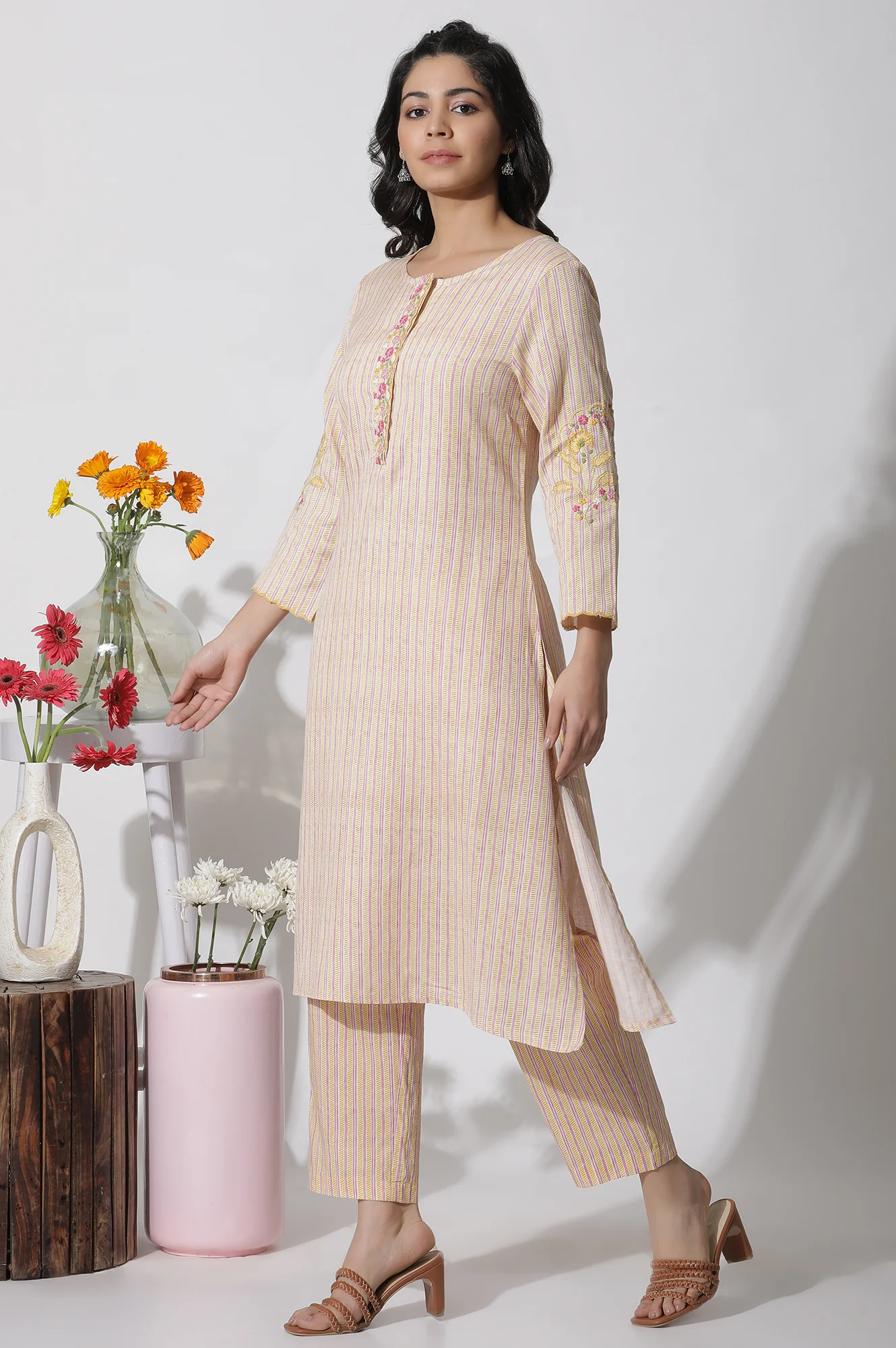 Yellow Striped Embroidered Kurta - Image 5