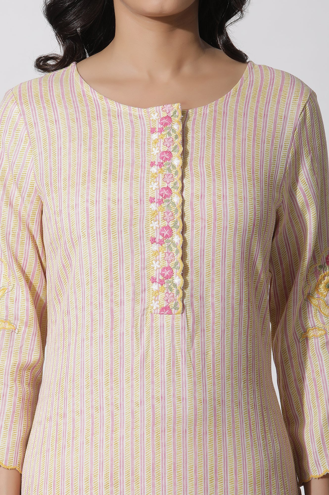 Yellow Striped Embroidered Kurta - Image 6