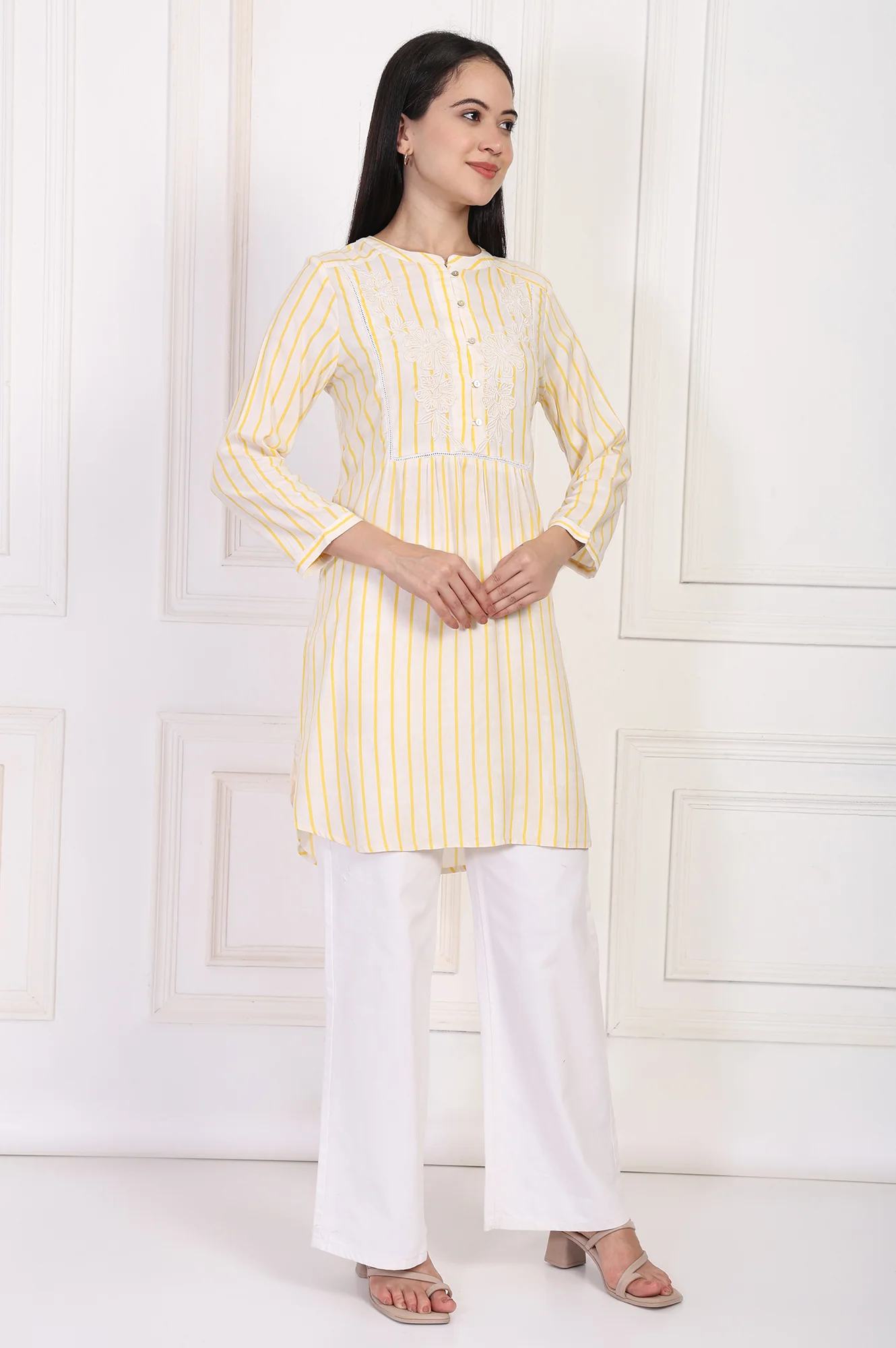 Yellow Striped Embroidered Straight Rayon Tunic - Image 6