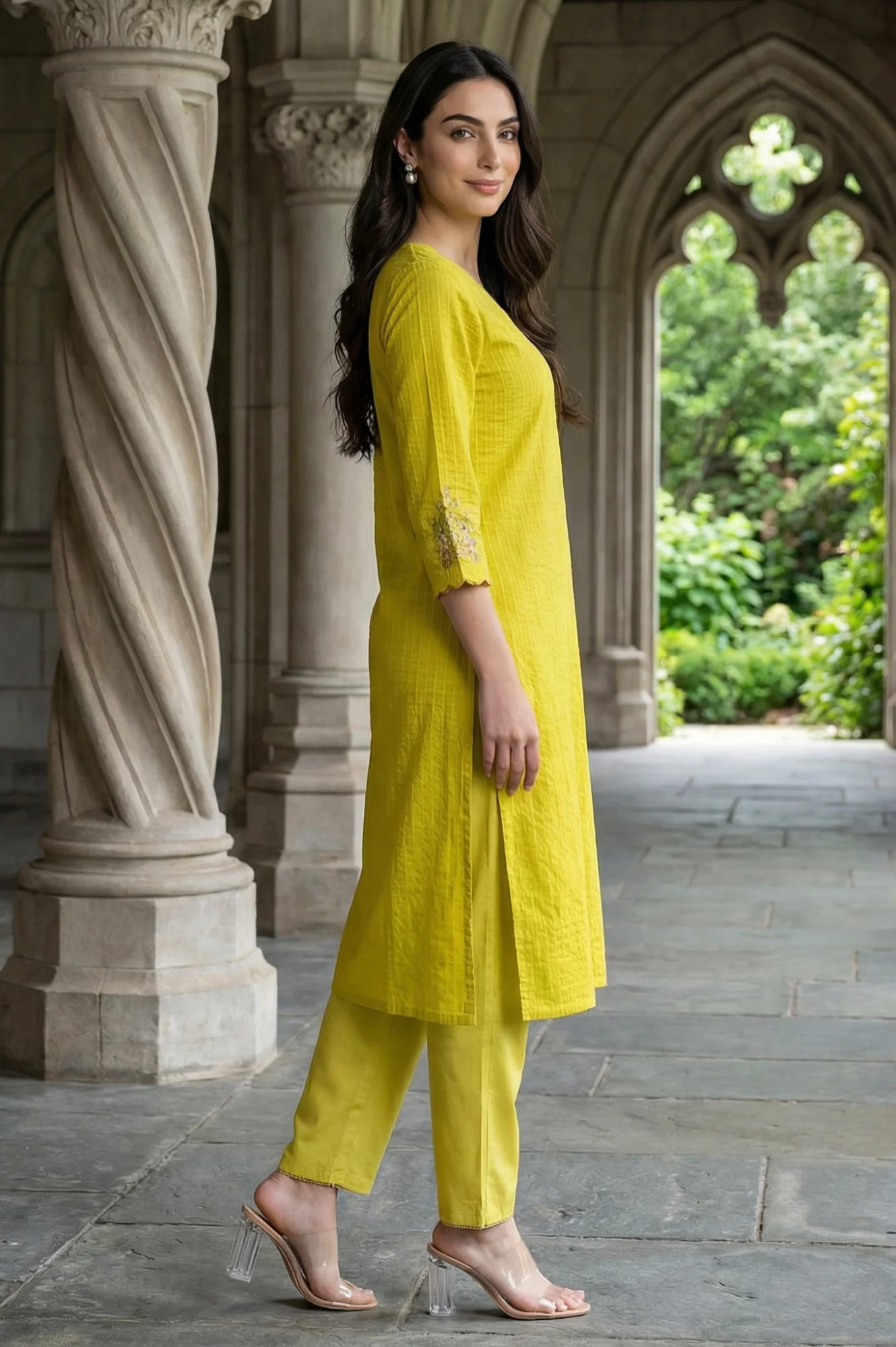Yellow Textured Pure Cotton Straight Kurta with Embroidery on Sleeves - Image 6