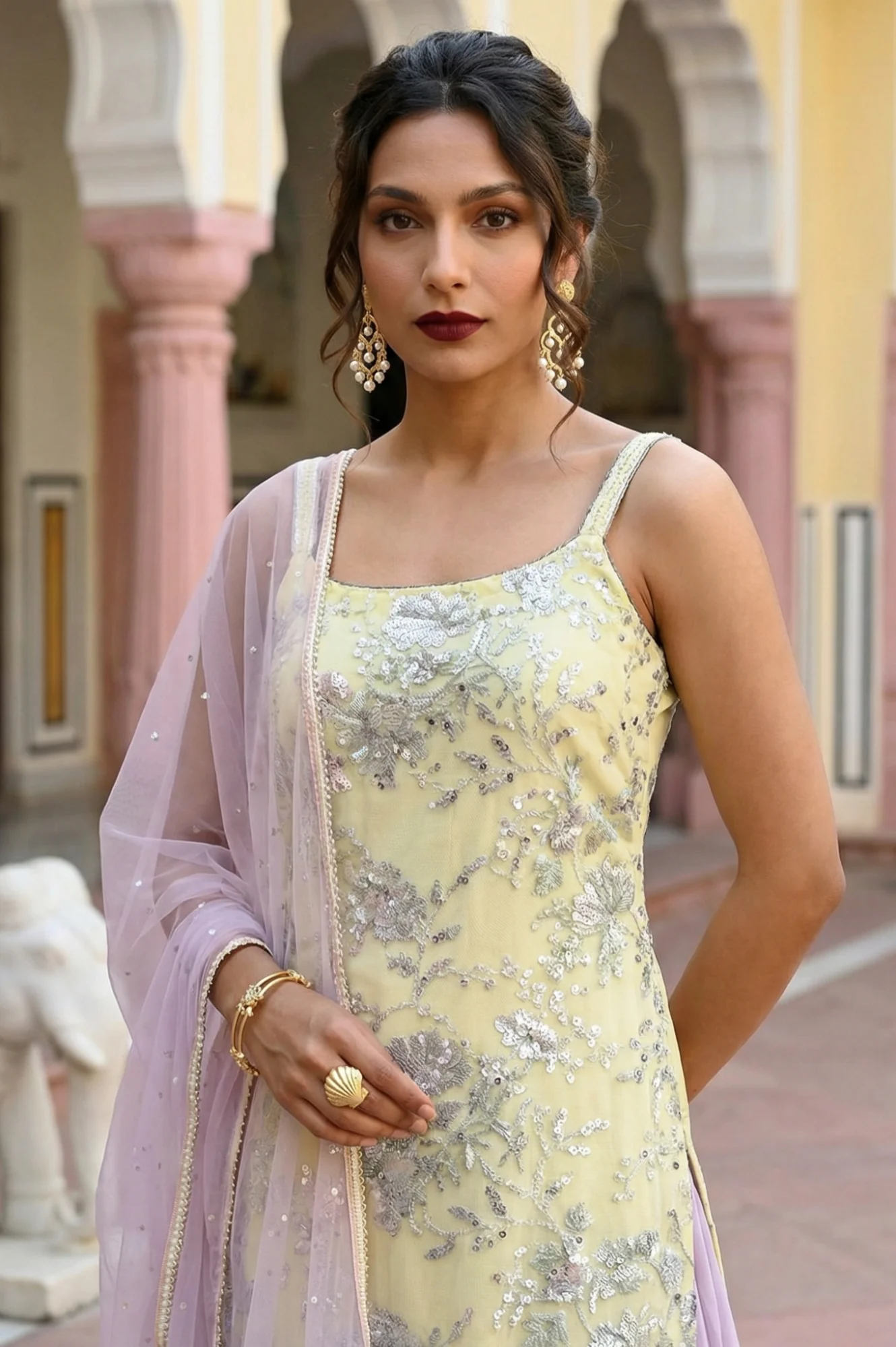Yellow Zari Embroidered Straight Sleeveless Kurta with Cullotes and Dupatta Set - Image 3