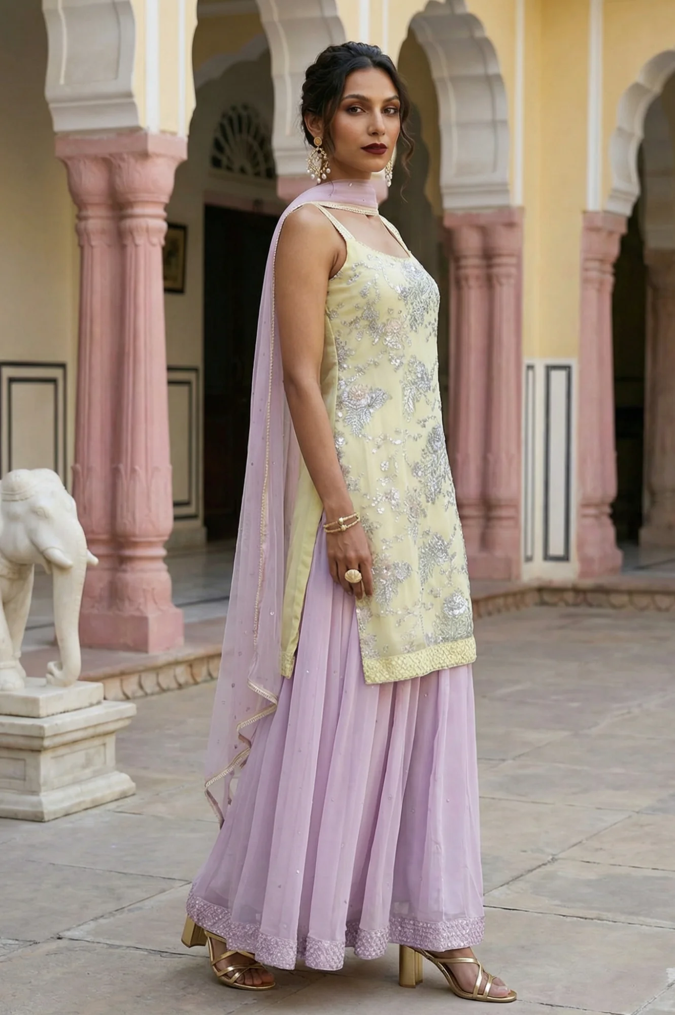 Yellow Zari Embroidered Straight Sleeveless Kurta with Cullotes and Dupatta Set - Image 6